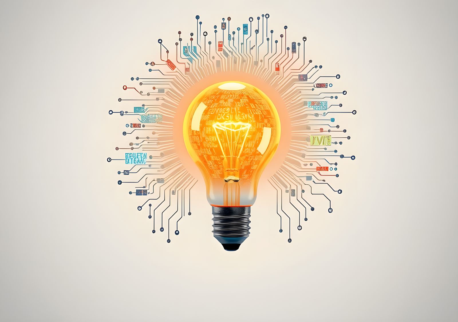 Idea Light Bulb with Technology Icons in Digital Art