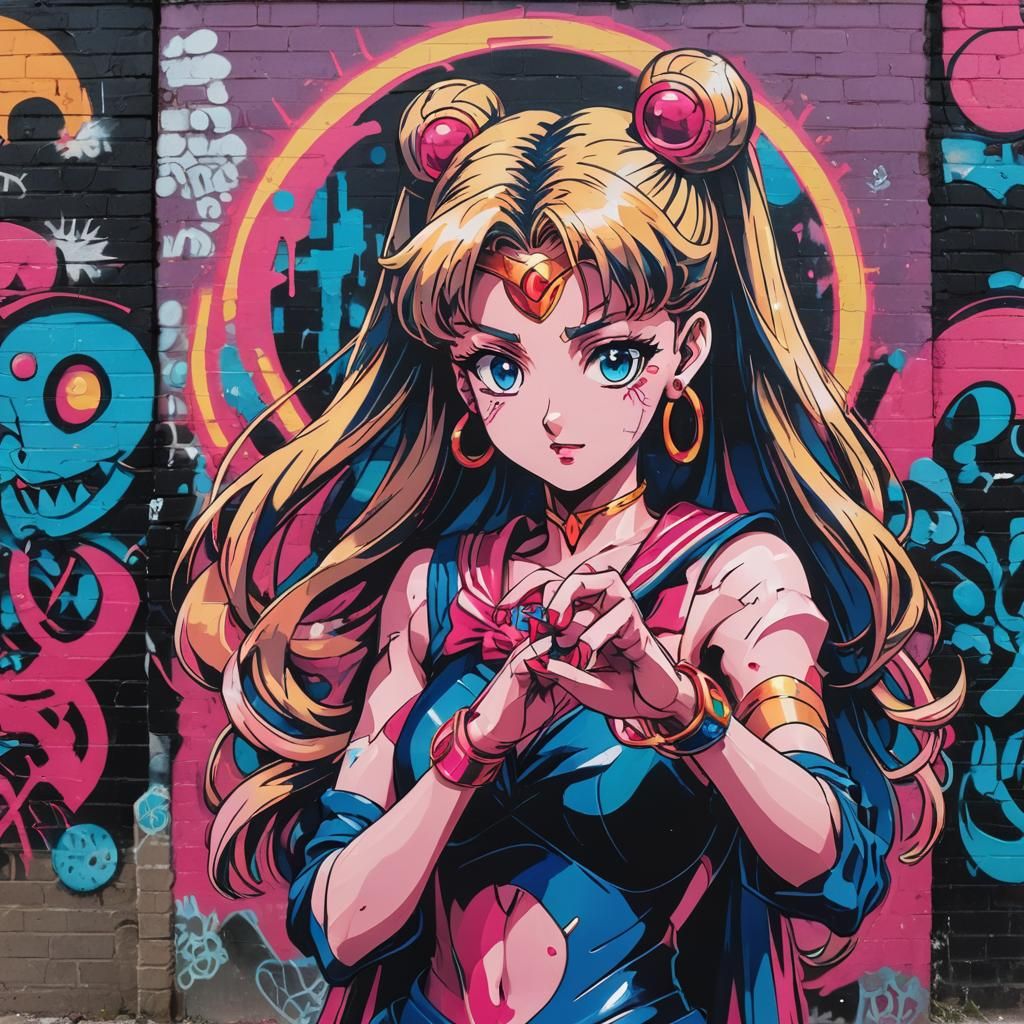 Sailor Moon Street Art with Neon Ring