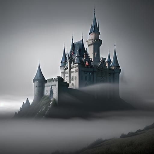 An abandoned castle shrouded in fog"
