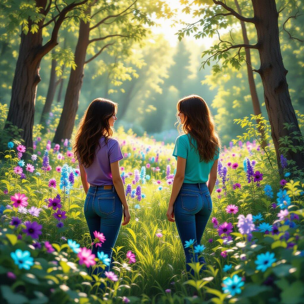 Sunlit Forest Scene with Vibrant Flowers and Friends