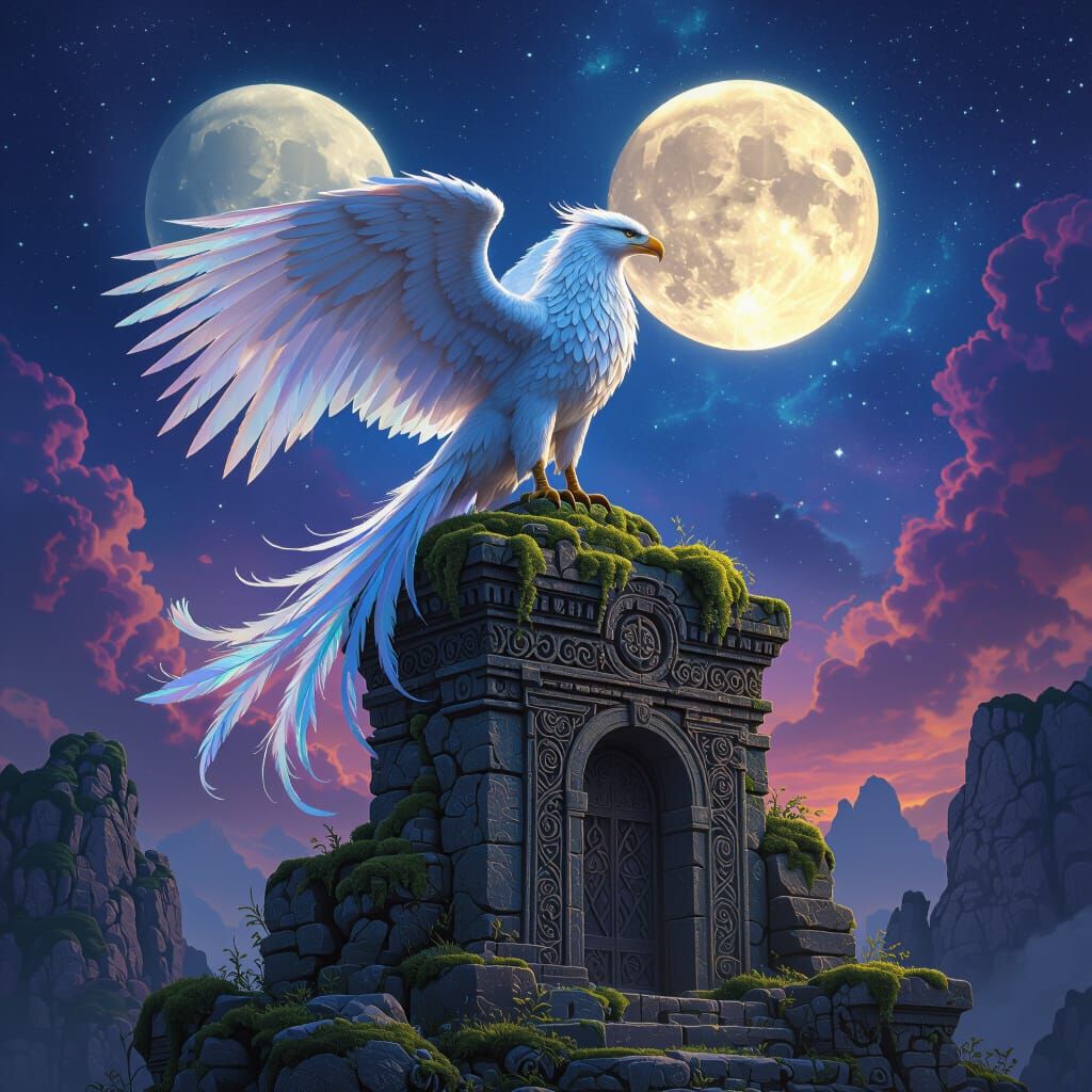 Majestic Griffin on Ancient Ruins Under Twin Moons