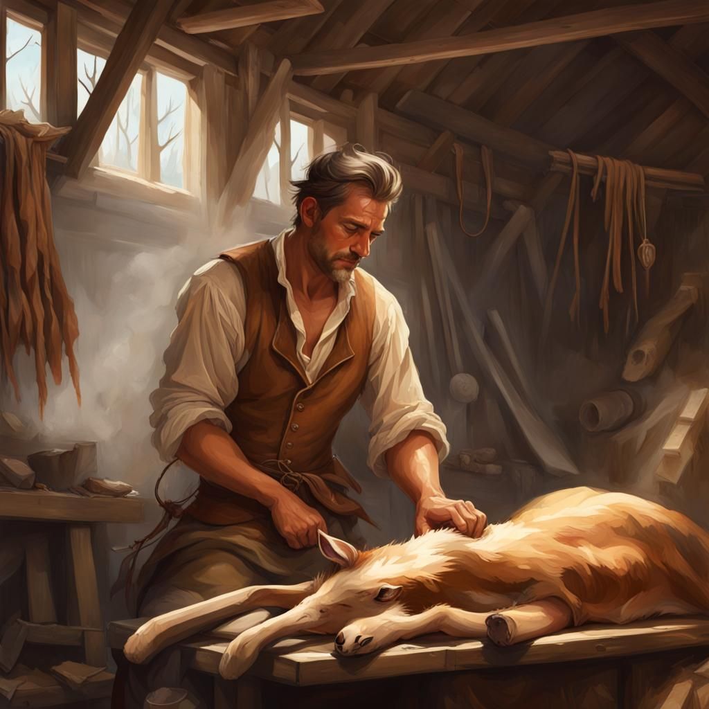 Tanner Preparing Deer Hide in 1700s Barn