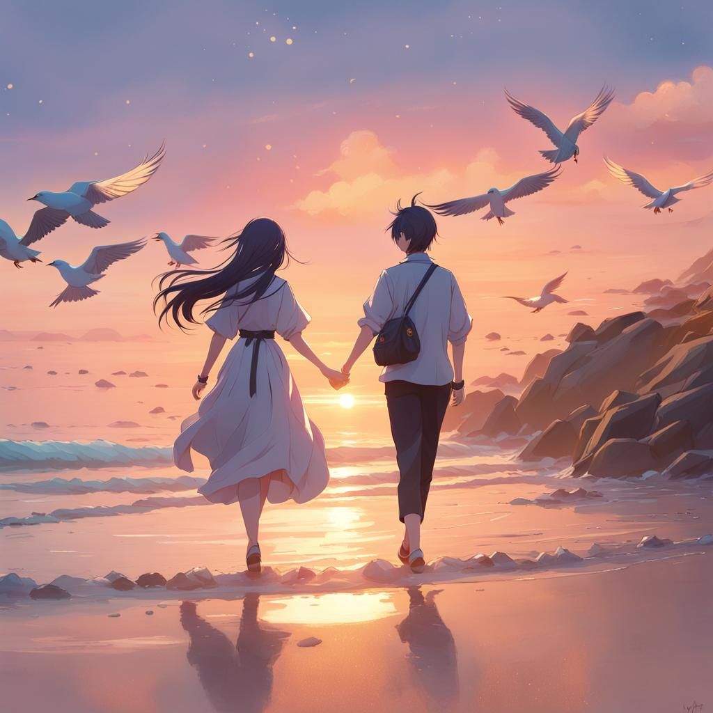 Romantic Sunset Beach Scene in 3D Anime Style