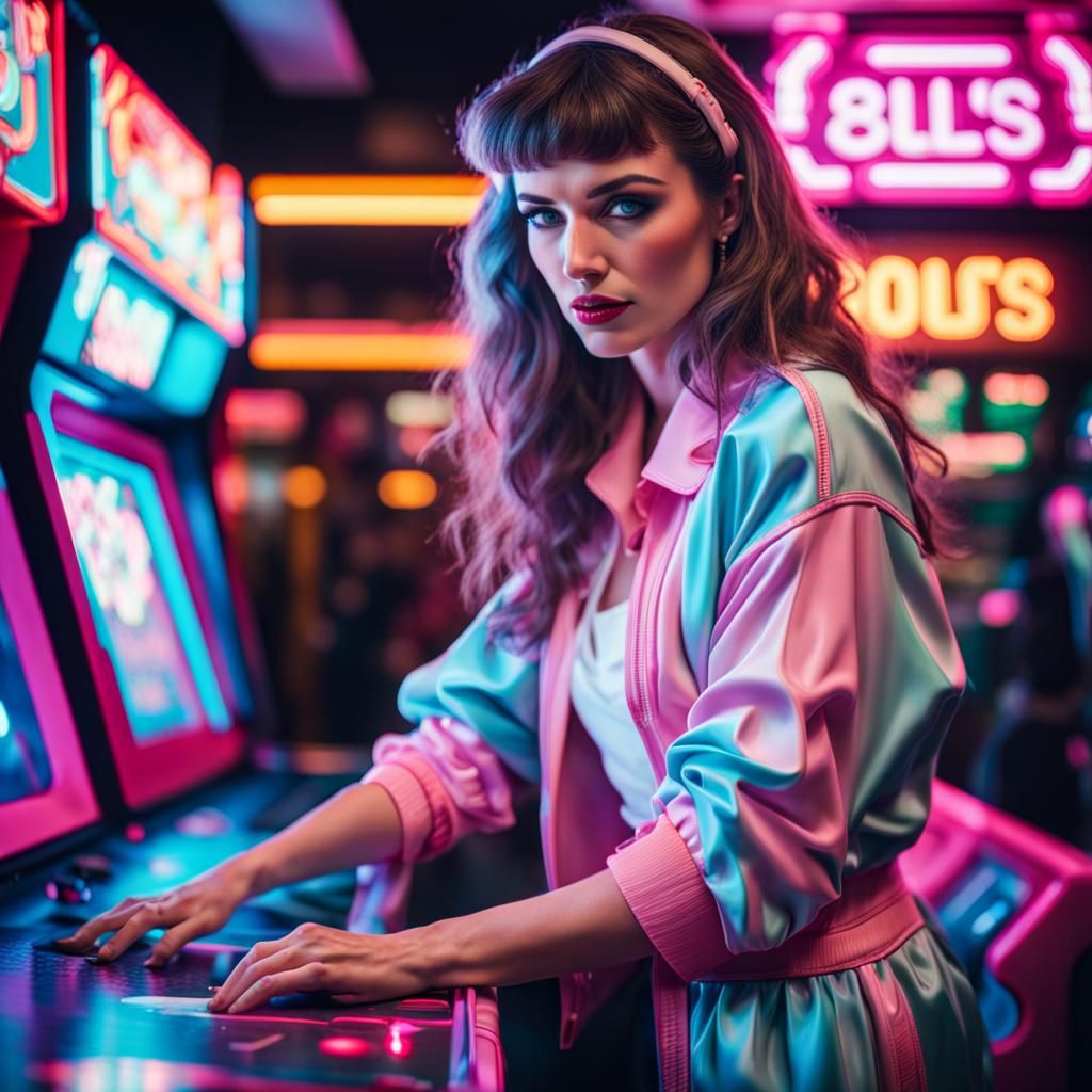 Retro 80s Woman in Neon Arcade, Hyperrealistic