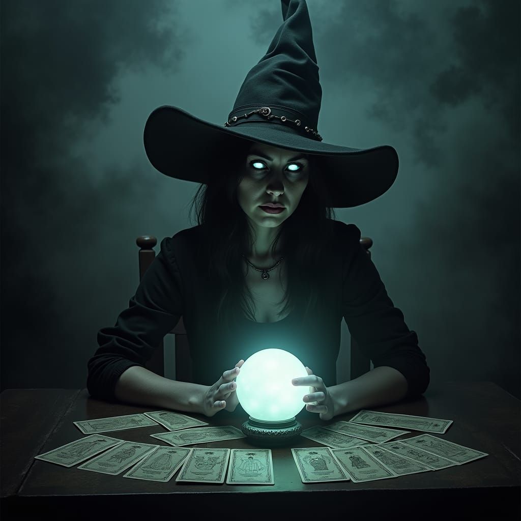 An eerie and haunting image of a fortune teller sitting at a...