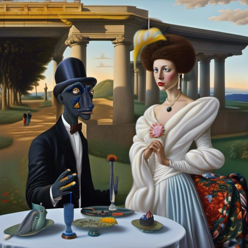Happy Couple in Art Museum: Polychromatic Magical Realism