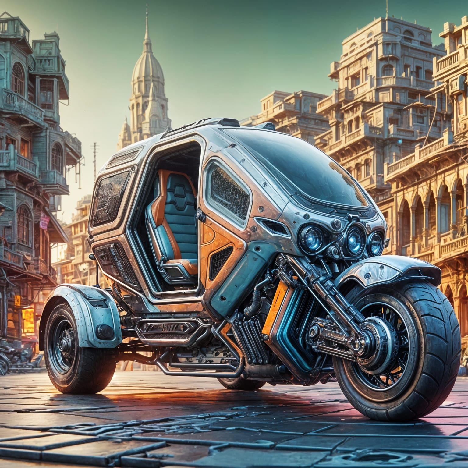 Futuristic Three-Wheeled Vehicle on City Street