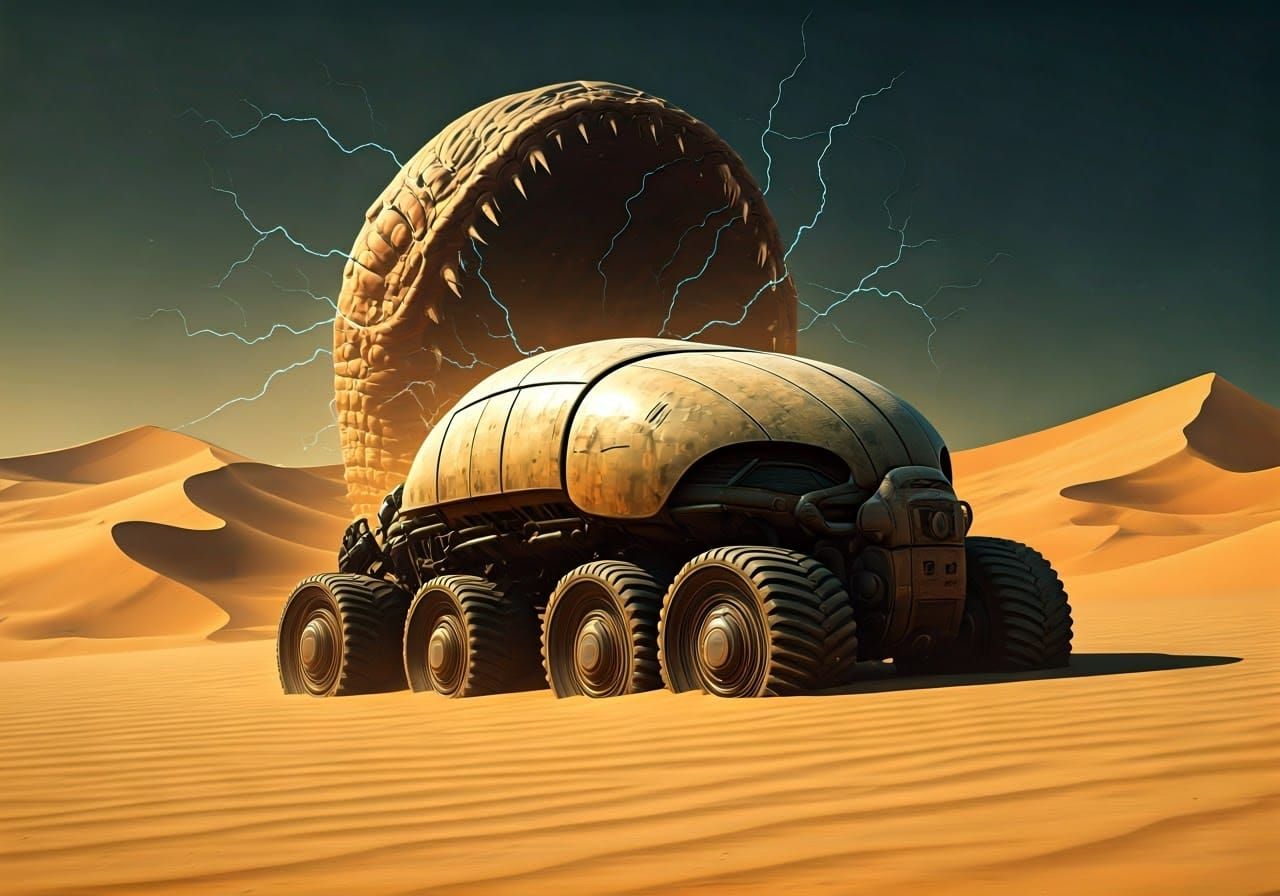 Futuristic Spice Harvester Confronts Sandworm in Desert