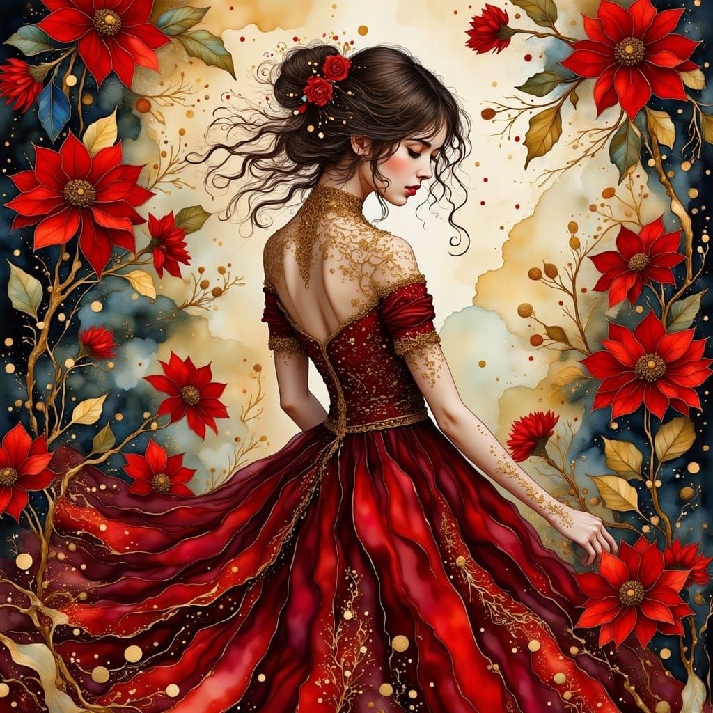 Woman in Crimson Velvet with Poinsettias and Whimsical Garde...