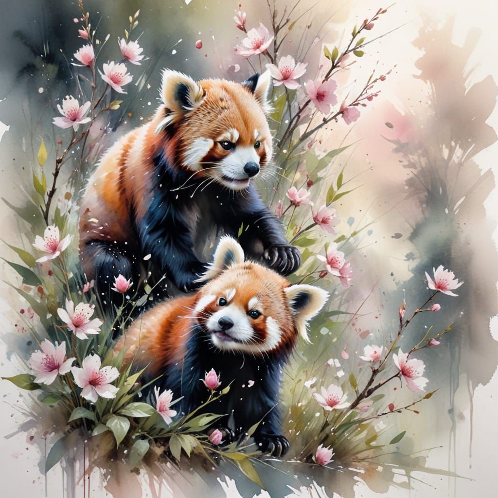 Playful Red Pandas in Cherry Blossom Orchard Watercolor