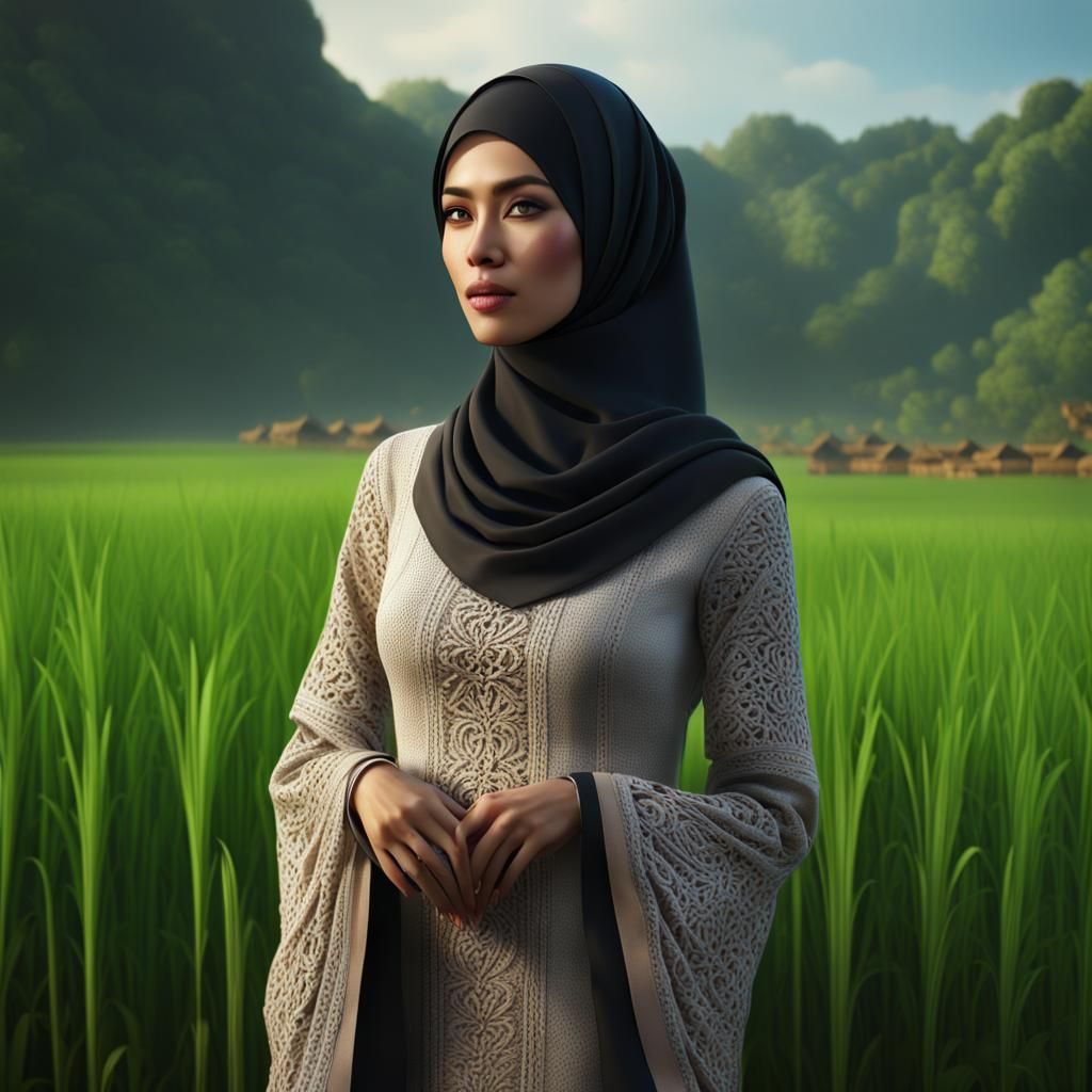 Malay Woman in Hijab at Paddy Field