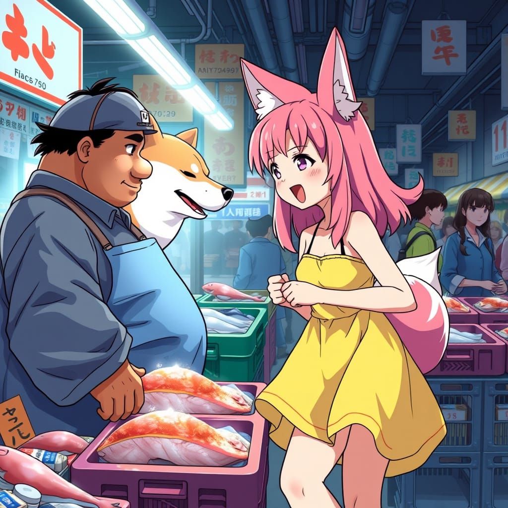 Anime Girl and Shiba Inu in Tokyo Market