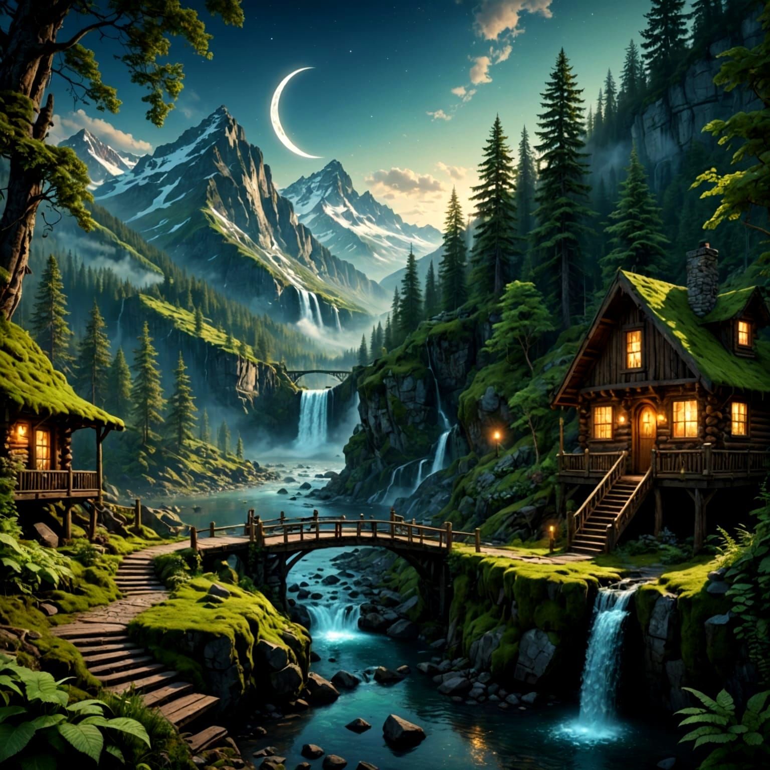 Fantasy Log Cabin by Waterfall in Mountain Landscape