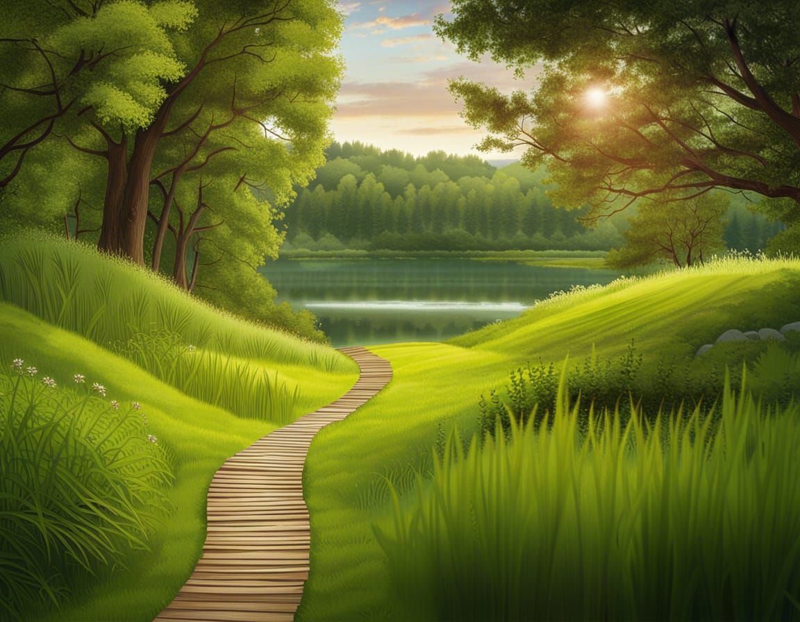 Tranquil Path Through Grassy Field to Lake