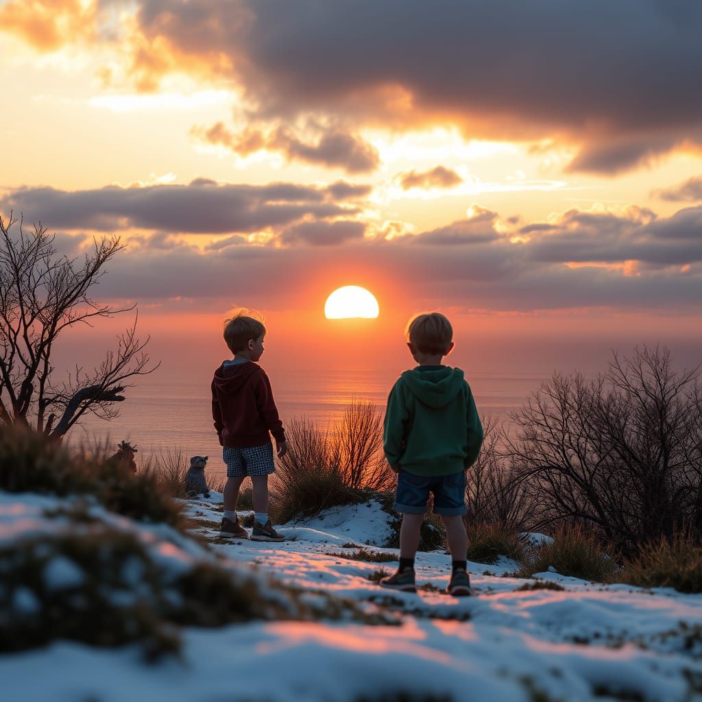 Young Girls Silhouetted Against a Realistic Sunset Sea