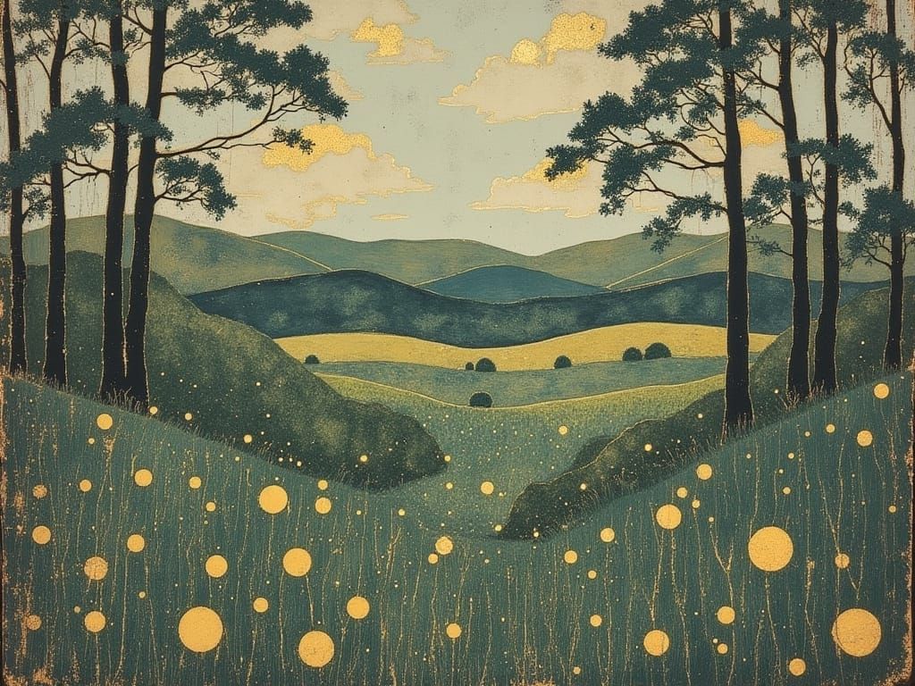 Vibrant Landscape in Whimsical Linocut Style