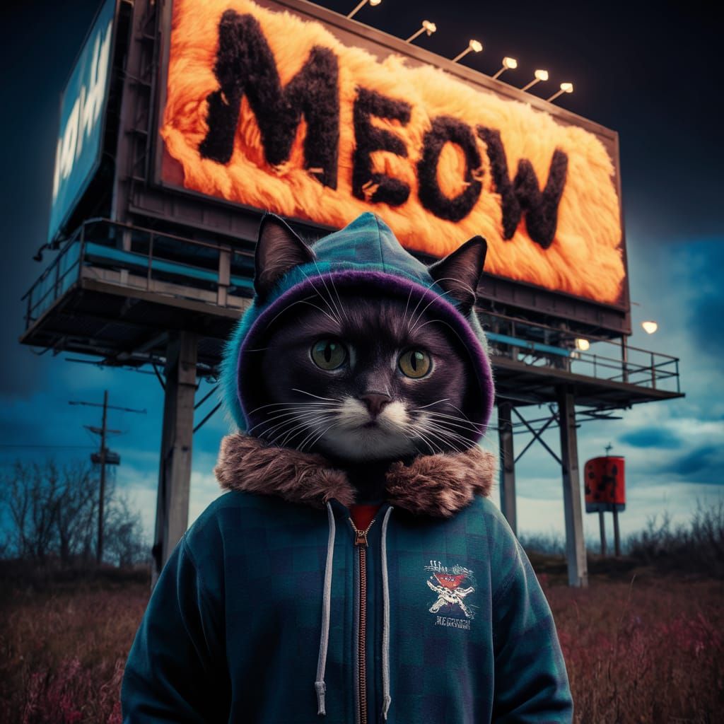 Halloween Cat in Checkered Hoodie, Surrealist Oil Painting