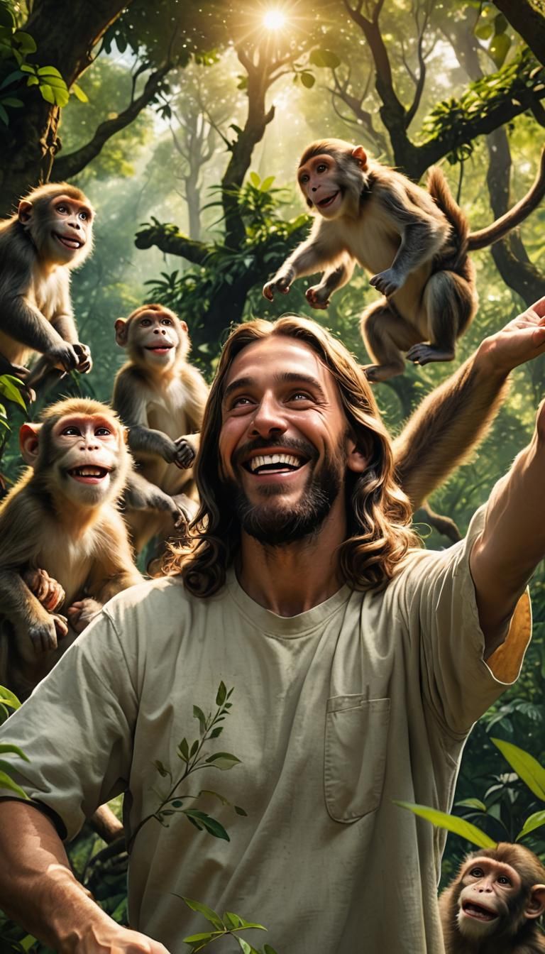 Jesus and Monkeys in Forest: Realistic Digital Art