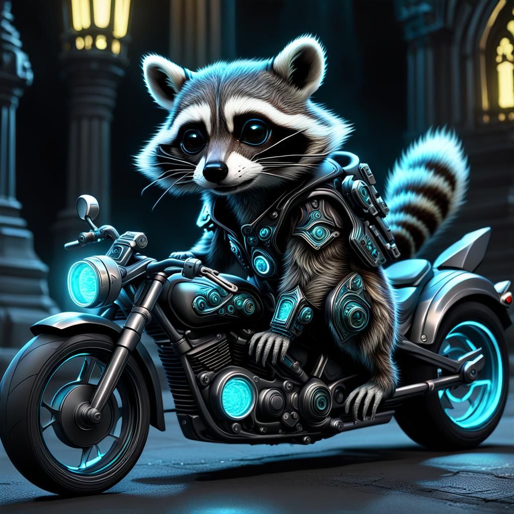 bioluminescent baby raccoon on a gothic motorcycle.