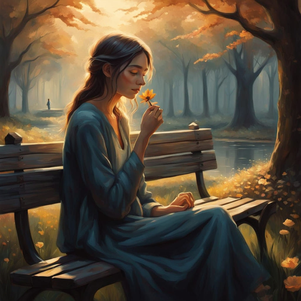 Surreal Woman Sits in Dreamlike Park Scene with Melting Benc...
