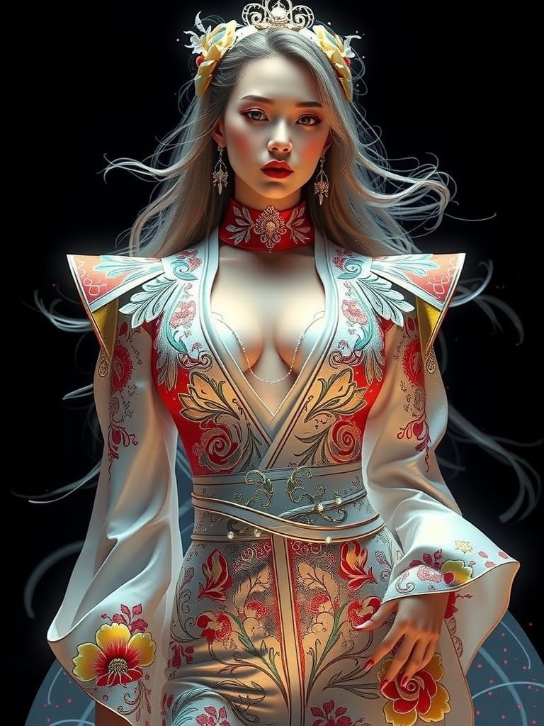 Young Japanese Person in Red Kimono, Tranquil Grace