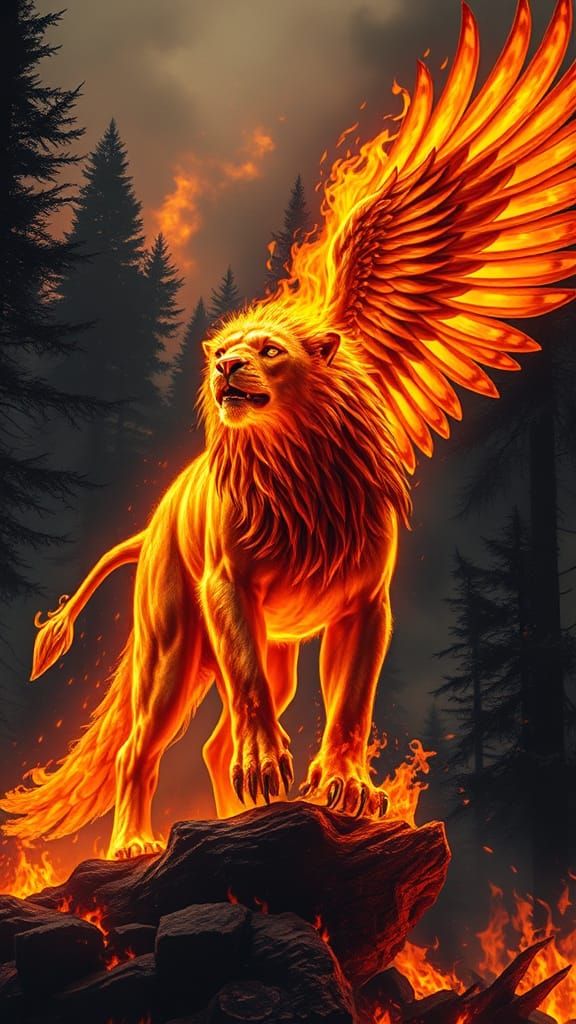 Fiery Lion-Eagle Fusion in Dramatic Lighting