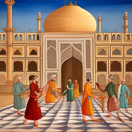 Detailed Gouache Painting in Mughal Art Style