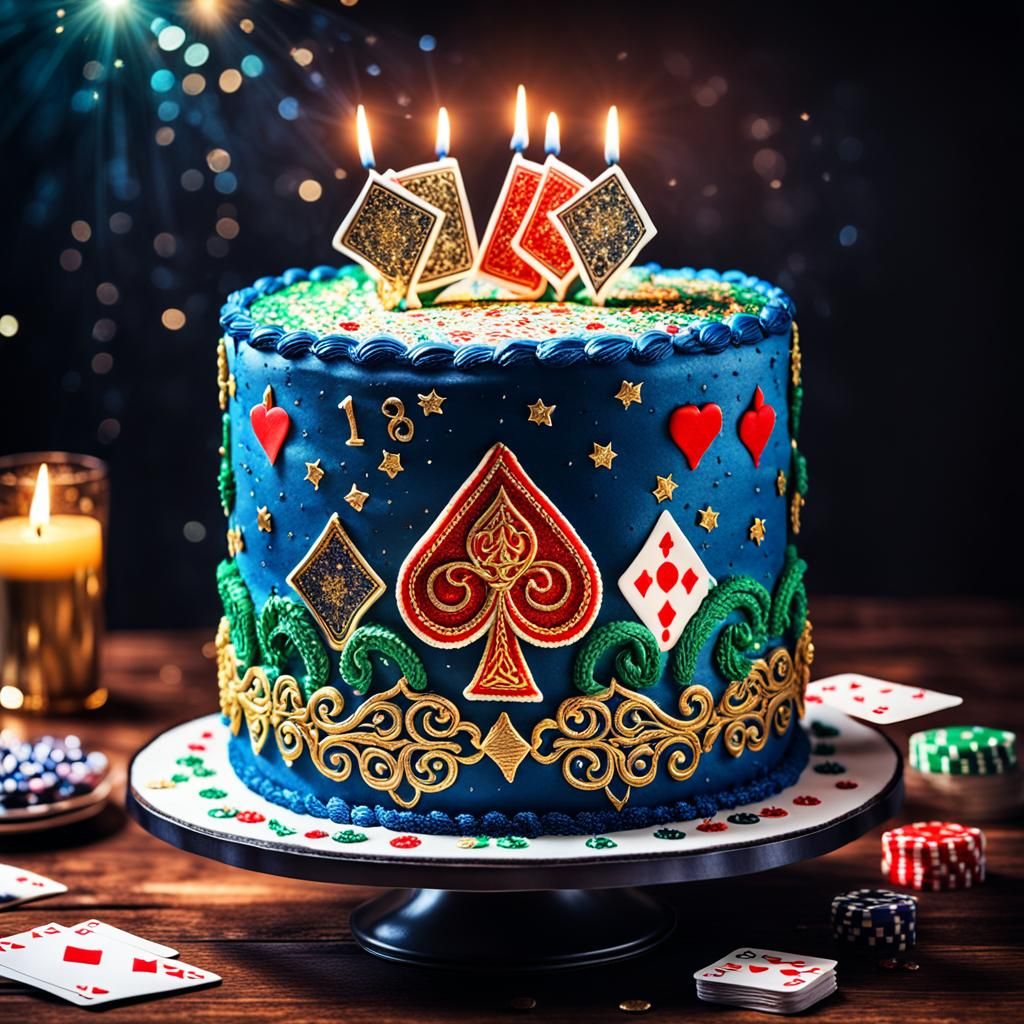 Poker Cards Birthday Cake with Glitter: Hyperrealistic Image