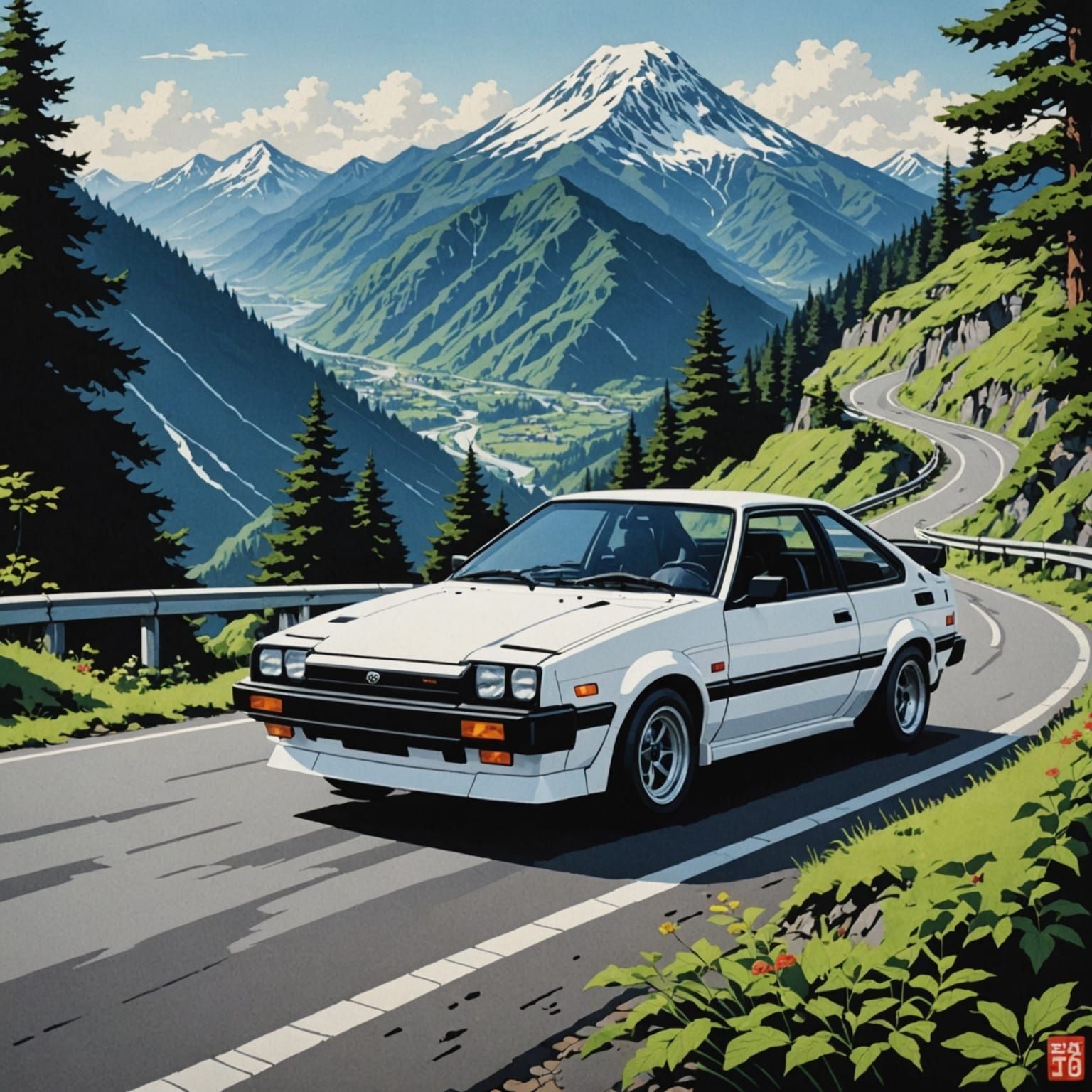 Anime-Style Toyota AE86 Trueno on a Mountain Road