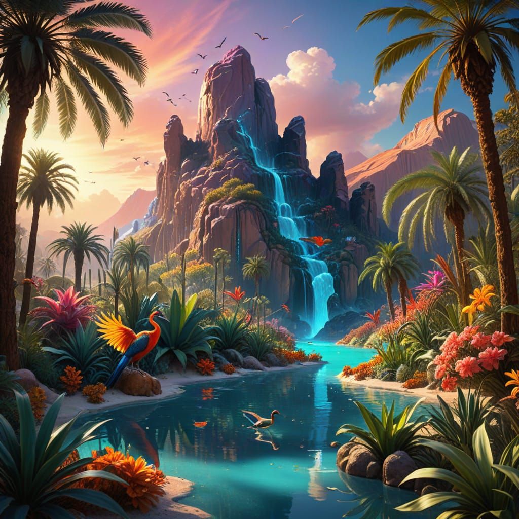 Tropical Oasis with Ice Mountain, Hypersurreal Illustration