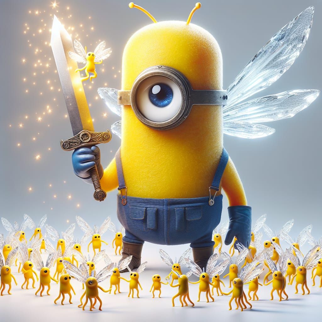 A epic realistic image of a Despicable Minion holding a sword fighting off little crystalized Faeries