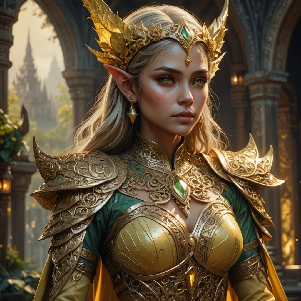 Beautiful Elf Digital Painting in Light Yellow and Bronze