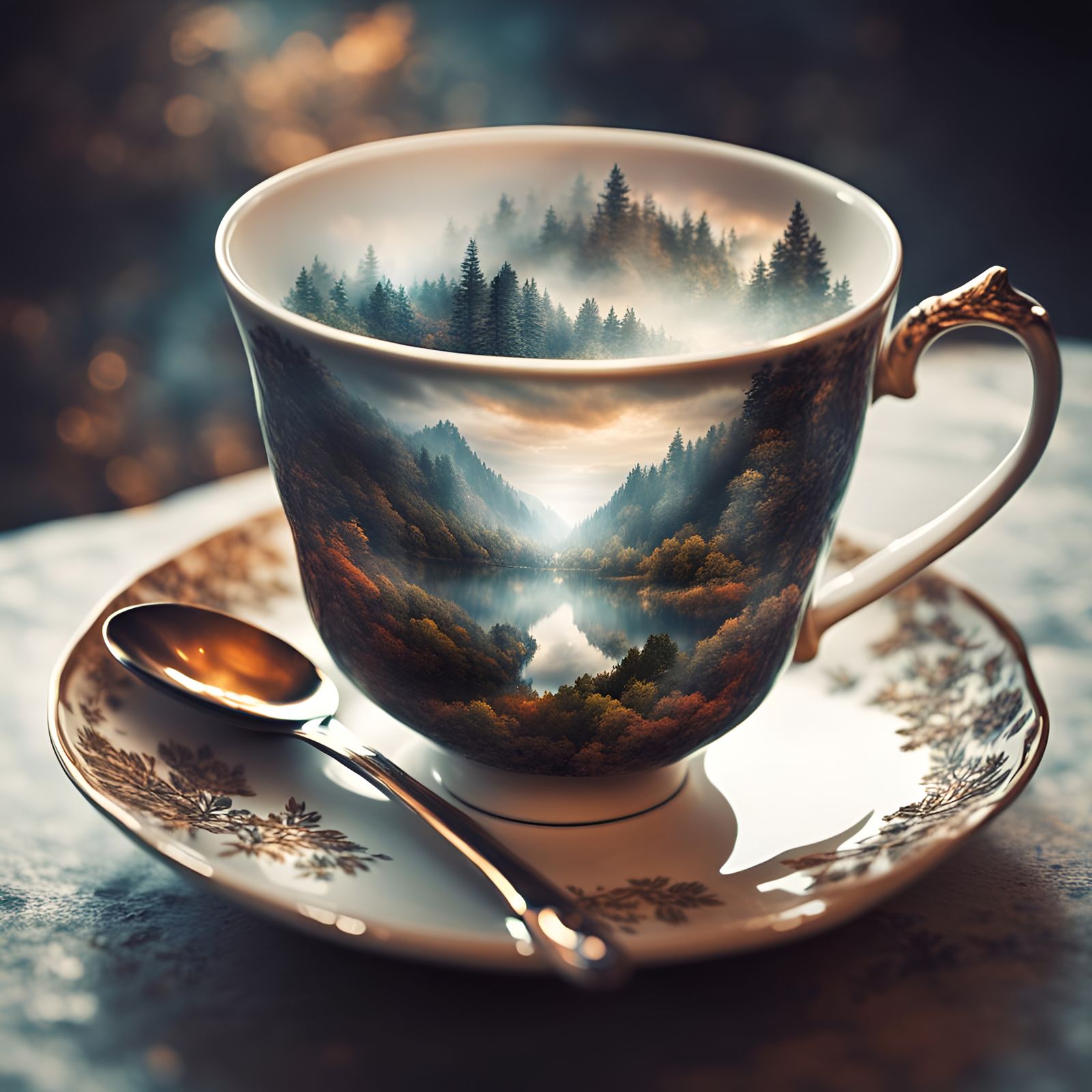 Fantasy Teacup in Double Exposure, Hyperrealistic Style