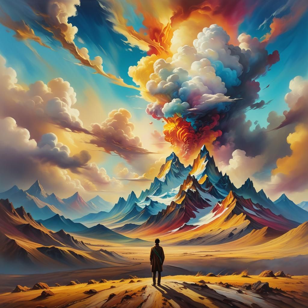 Vibrant Dreamscapes: Lone Figure in Ethereal Landscape
