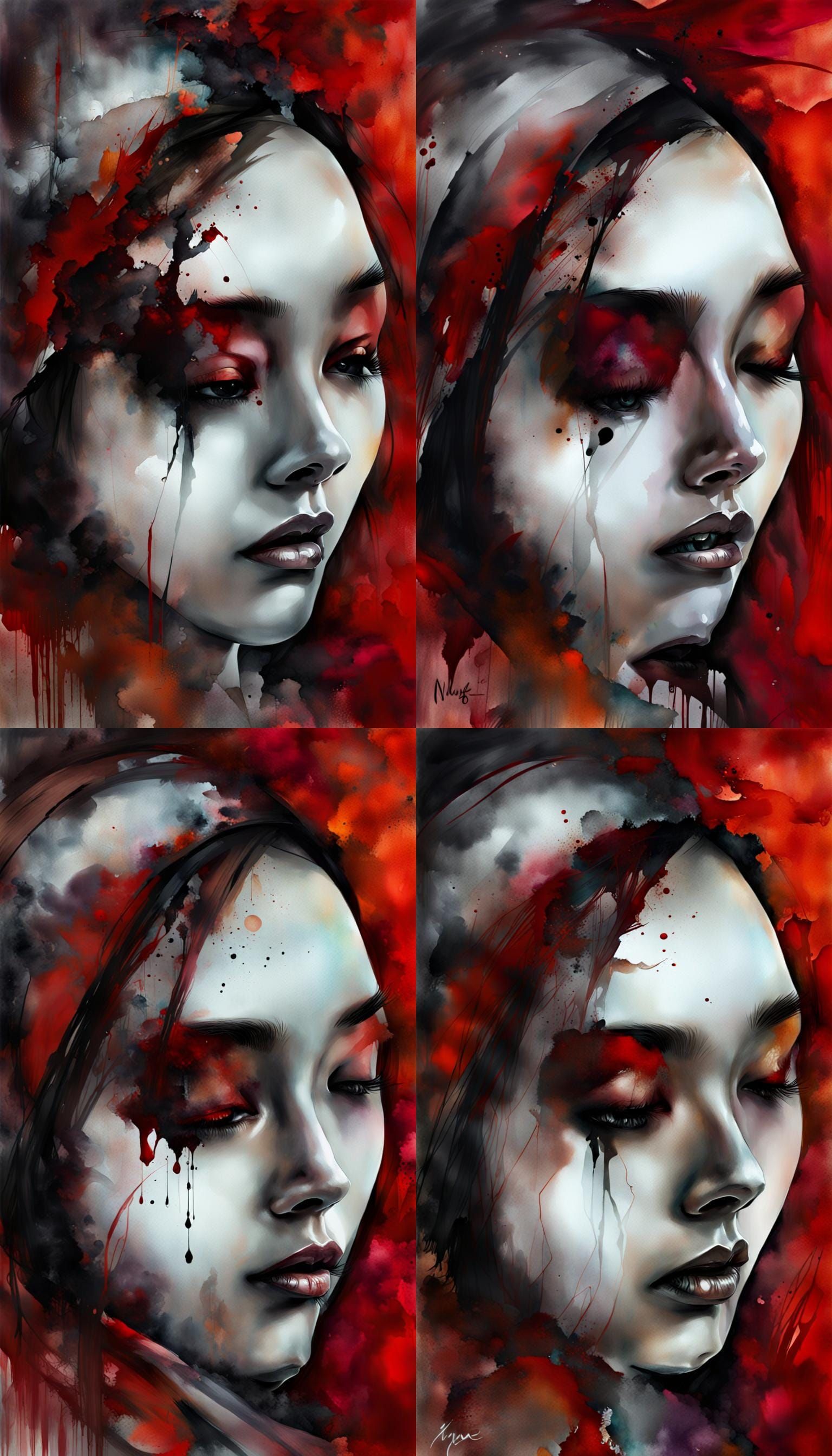 Photorealistic Portrait Crying Dark Tears in Watercolor Styl...