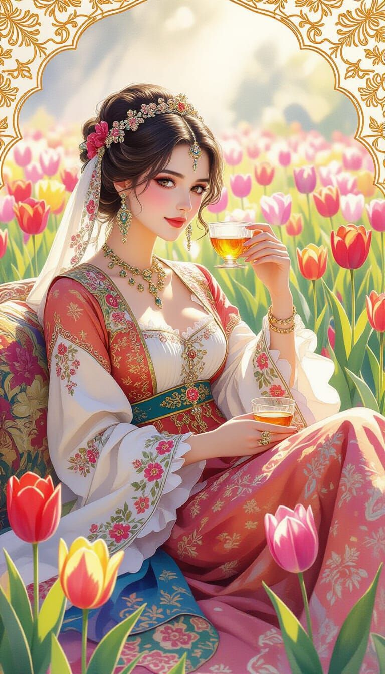 Ottoman Noblewoman in Tulip Garden Watercolor