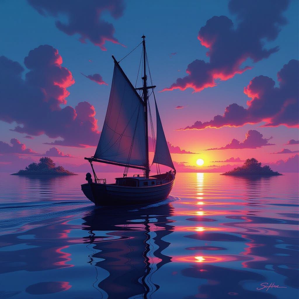 Sailboat on Liquid Metal Sea Under Binary Sunset