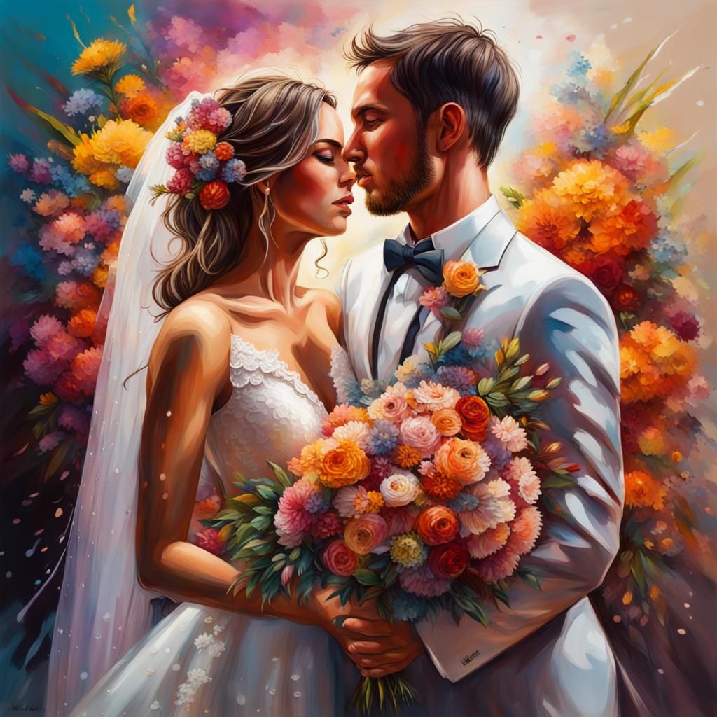 Hyperrealistic Bride and Groom with Flowers