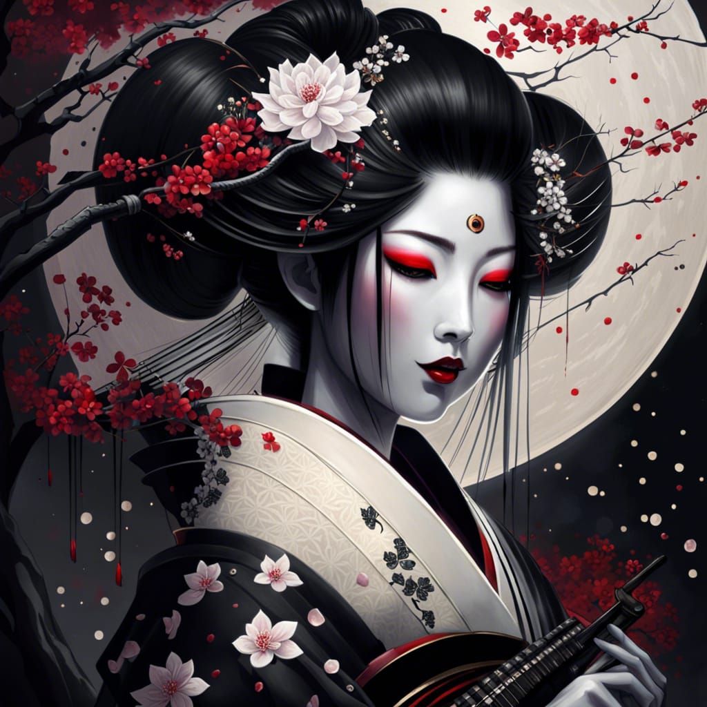 Geisha Plays Shamisen Under Starry Sky