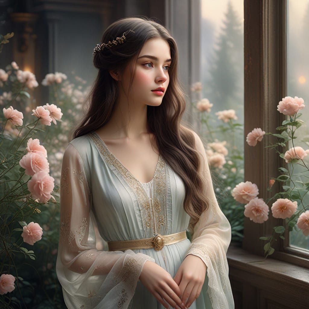 Ethereal Woman in Misty Jugendstil Watercolor