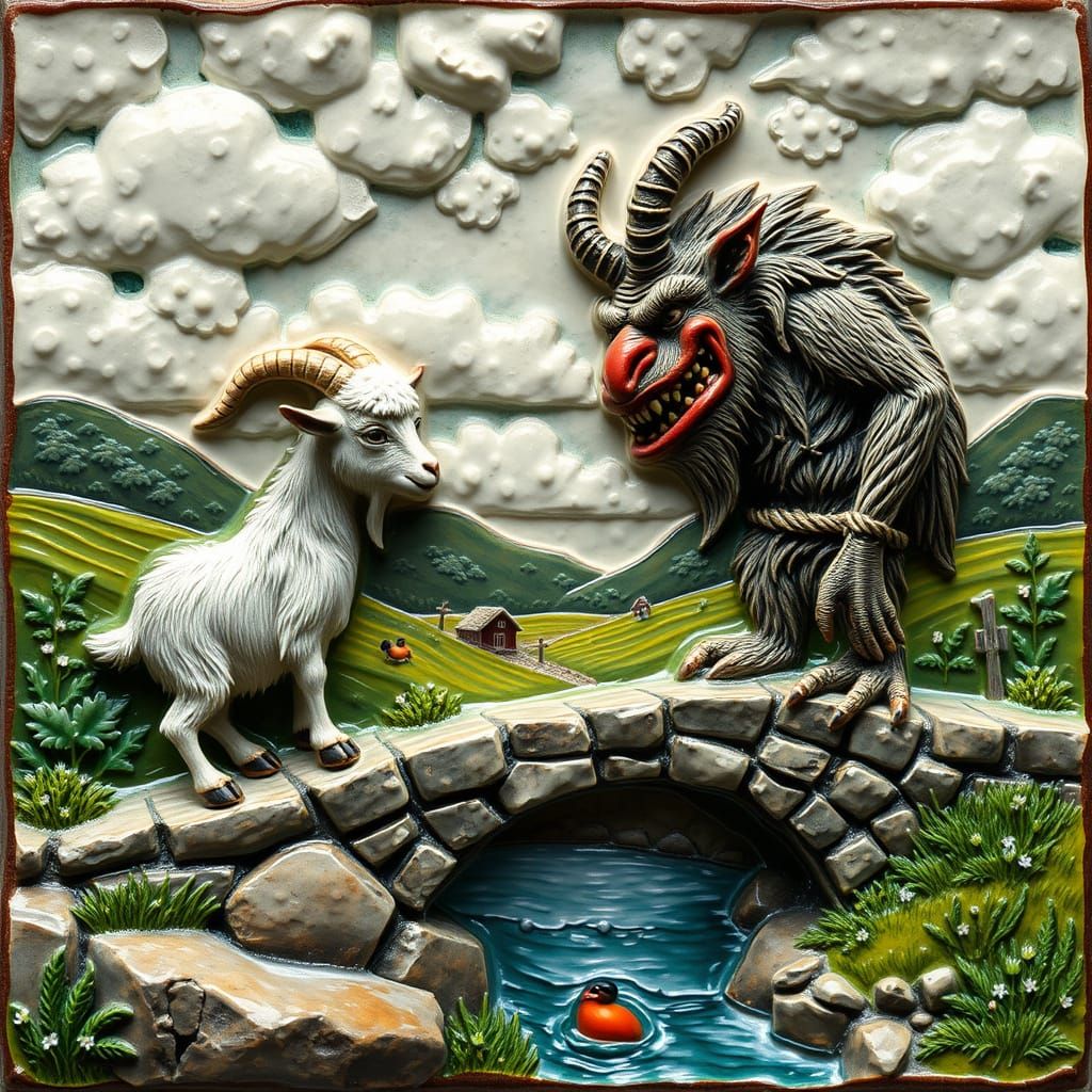 Whimsical Norwegian Troll Encounter in Folk Art Style