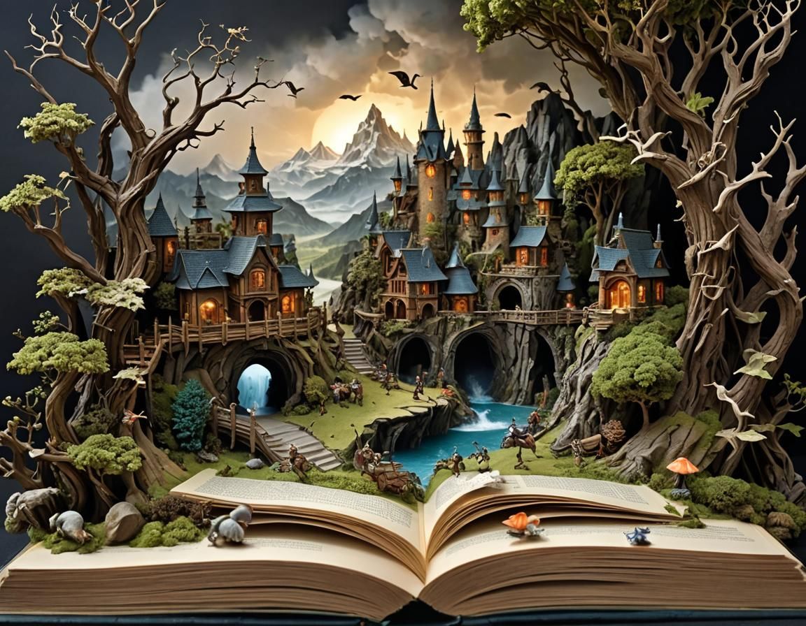 Fantasy World Pop-Up Book: Detailed Digital Illustration