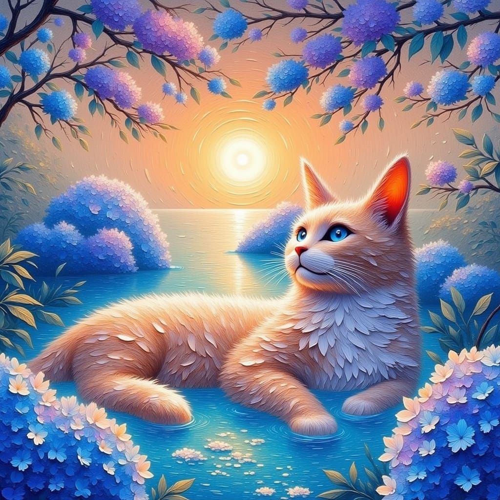 Cat Adrift on Crystalline Lagoon in Whimsical Style