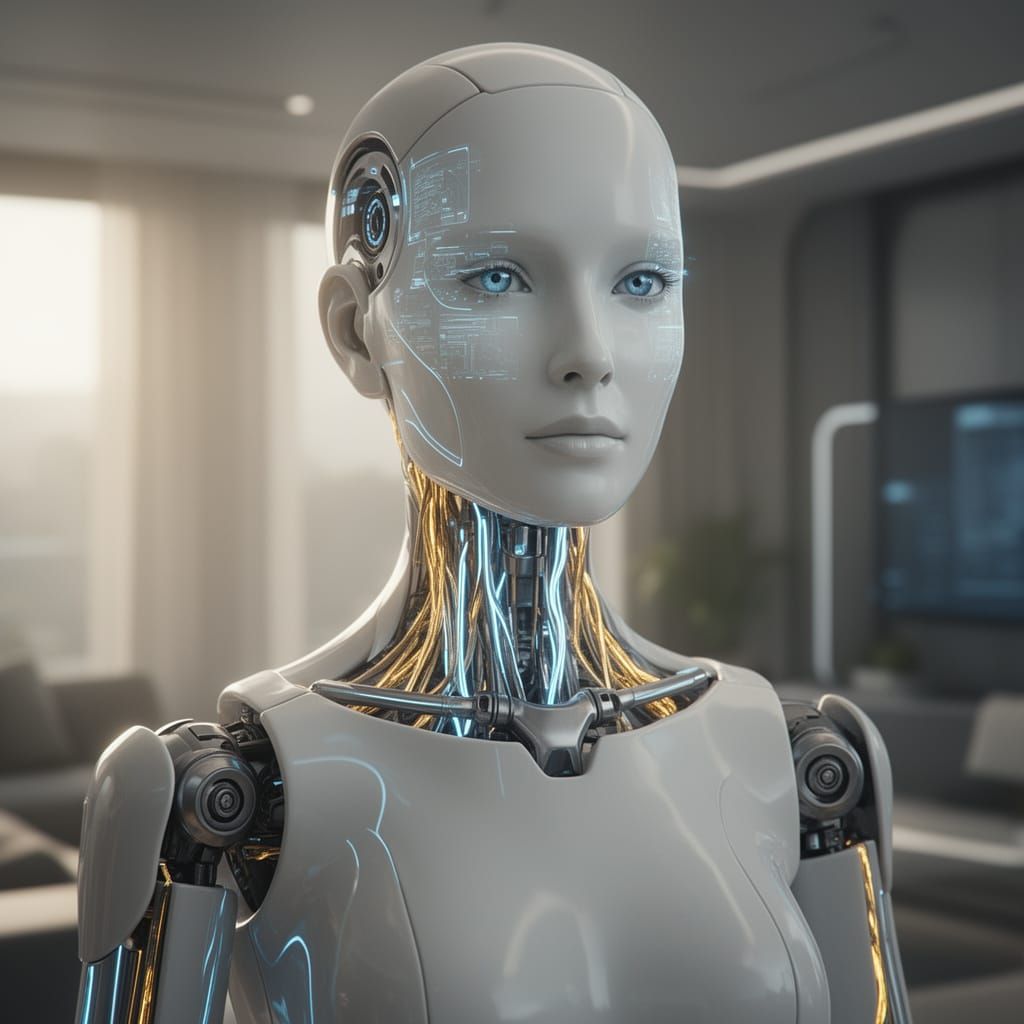 A hyper-realistic, 8K cinematic close-up of a next-generation "Physical AI" humanoid assistant in 2026. The android feat...
