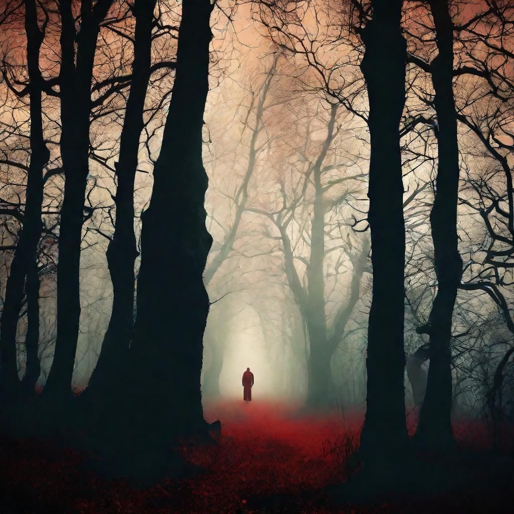 Eerie Figure in Foggy Forest, Retro Horror Poster