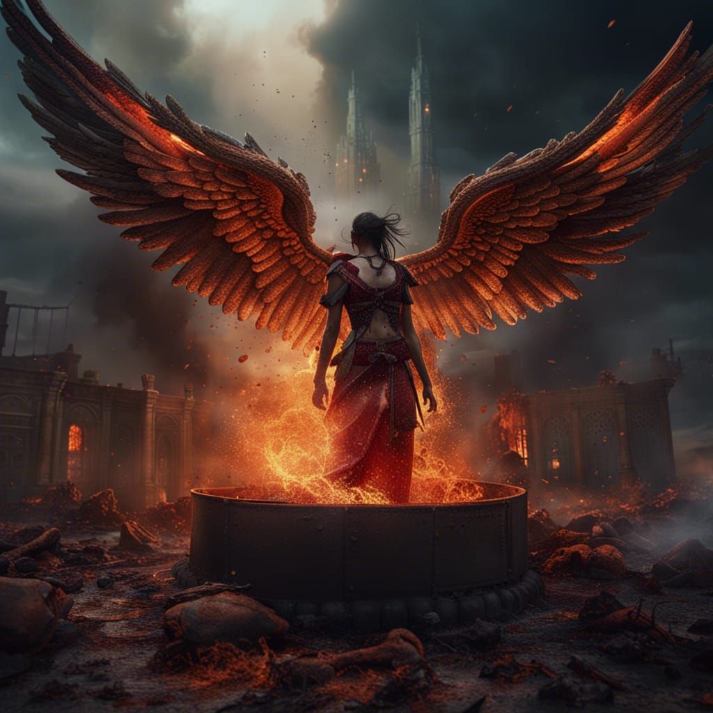 Apocalyptic Scene: Angels Ascending from Fire