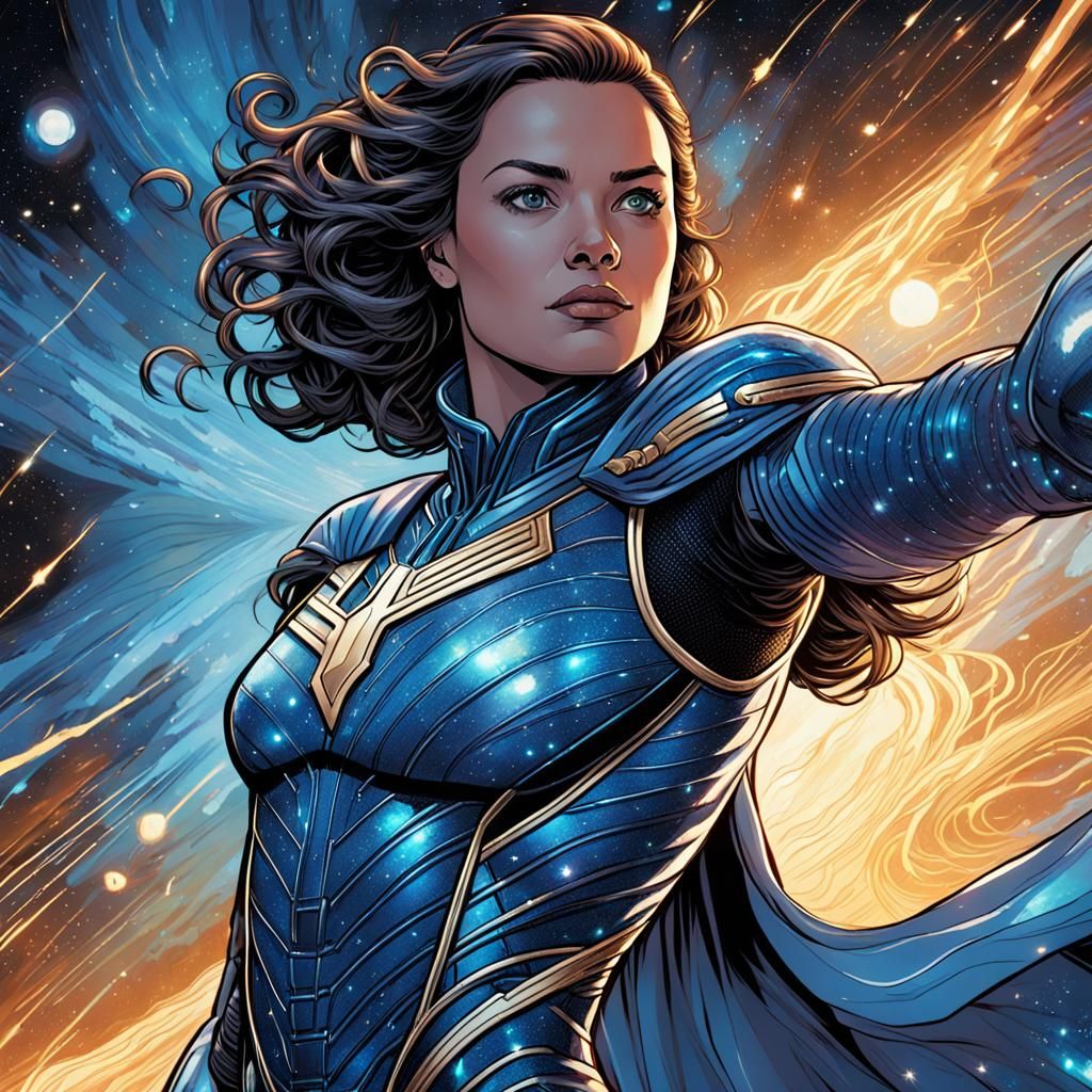 Cosmic Female Superhero in Hyper-Realistic Comic Art