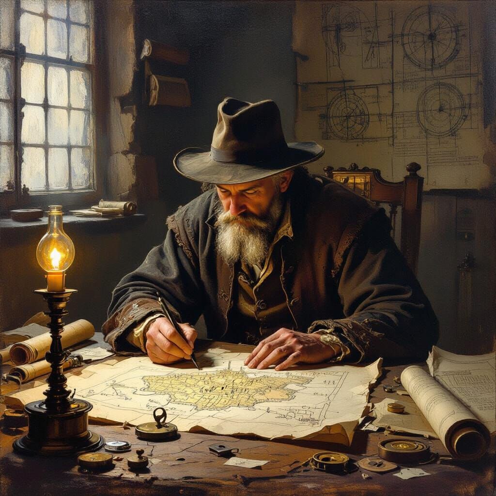 Aged Cartographer Sketches Lost City by Lamp