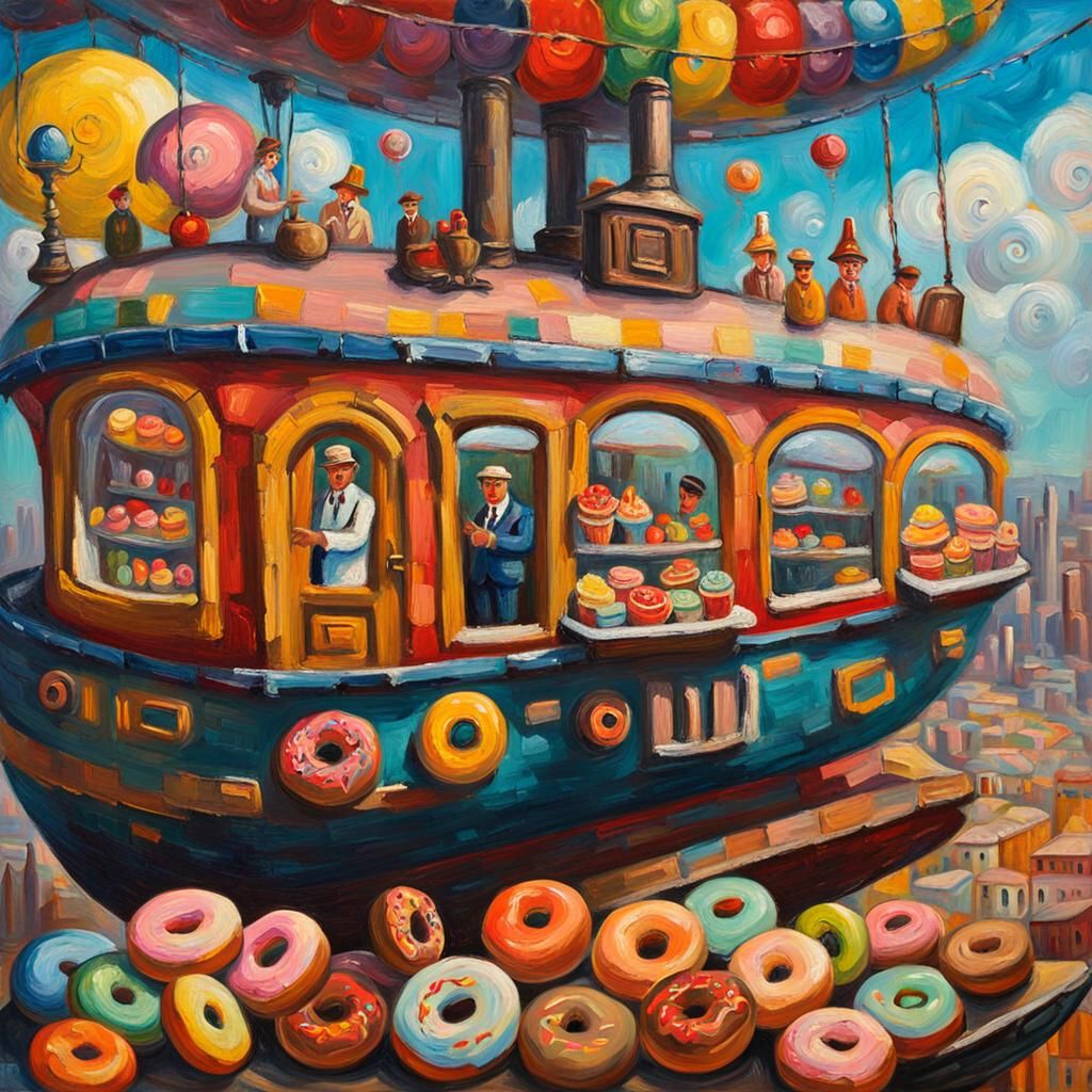 Vintage Airship Donut Shop: Neo-Impressionist Oil Painting