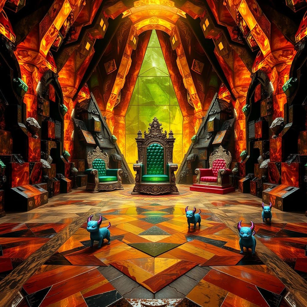 Cyberpunk Castle Dracul Chamber with Regal Thrones and Misch...